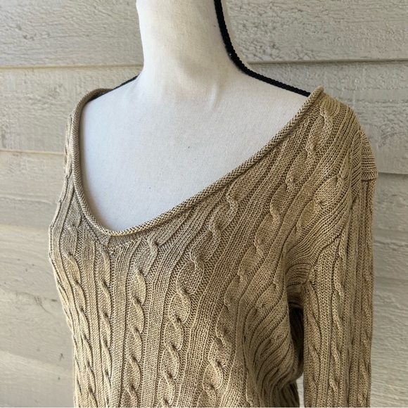 Vintage Ralph Lauren V-Neck Cable Knit Sweater Linen Beige - Picture 3 of 9